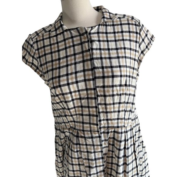 Pendleton Plaid Mini Dress Sz 12 (M/L) Womens Navy Blue Tan Short Sleeve Button - Picture 14 of 16